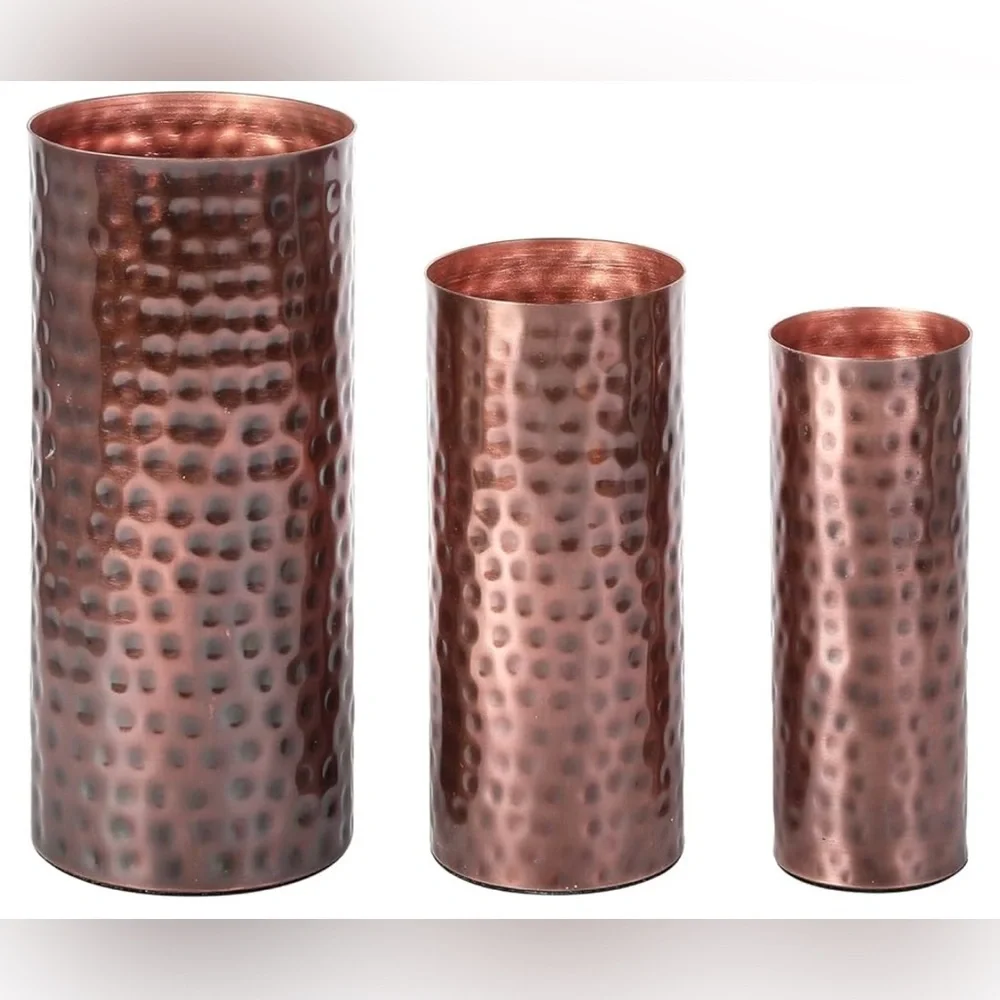 NEW 3pc modern vintage copper tone hammered cylinder vases